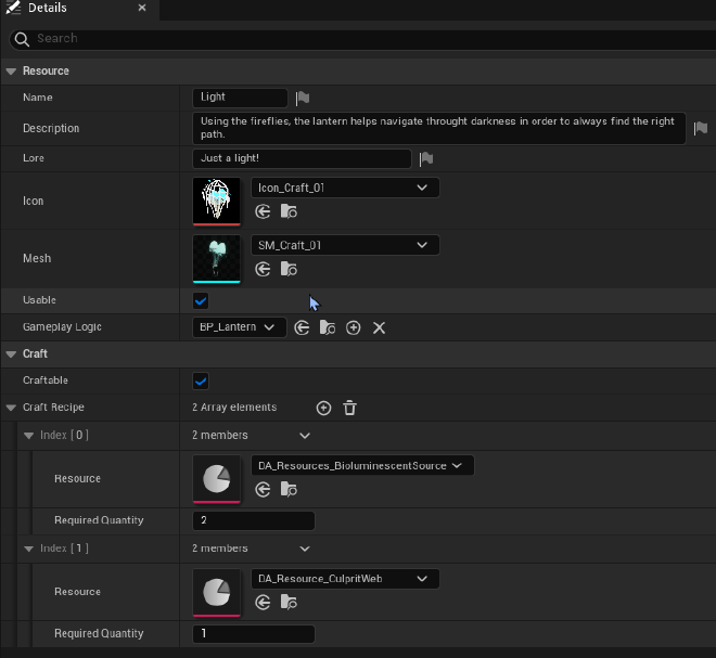 DataAsset representing a light, which is also craftable.